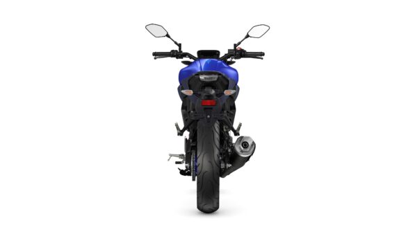 Rear view of a blue motorcycle with a sleek design, featuring dual mirrors, a sporty tail, and an exposed exhaust.