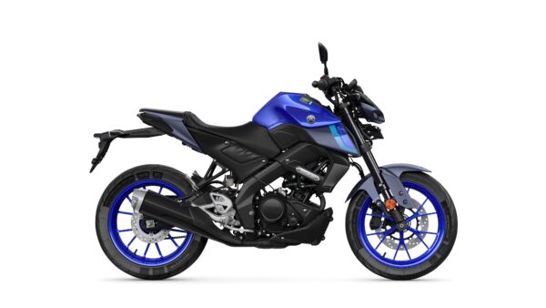 A blue and black Yamaha motorcycle displayed from the side, featuring sporty design elements and blue wheels.