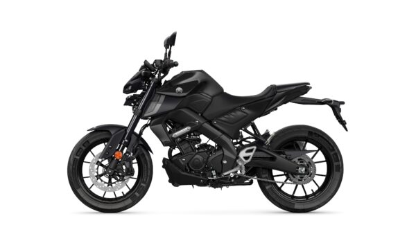 A sleek black motorcycle with a modern design, showcasing a sporty frame, dual front brakes, and distinctive angular bodywork.