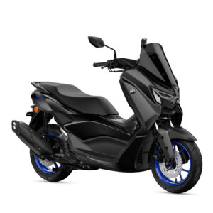 Yamaha 2025 NMAX 125 A sleek black scooter with blue accents, showcasing a modern design and sporty features, positioned at a slight angle on a white background.