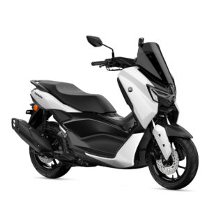 A sleek black and white Yamaha NMAX scooter positioned at an angle, showcasing its modern design and features.