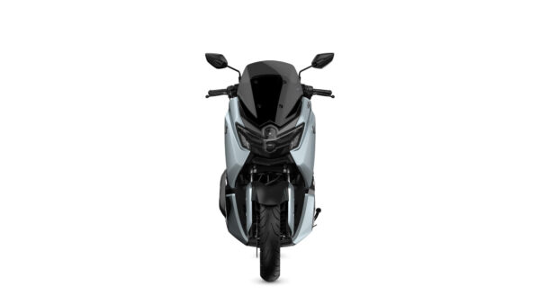 A sleek, modern scooter viewed from the front, featuring a black windshield, angular headlights, and a light blue body. The front wheel is prominently displayed, and the scooter has a minimalist design.