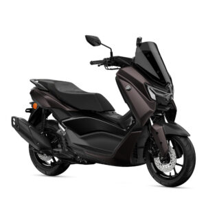 Yamaha 2025 NMAX 125 Tech MAX A sleek, dark-colored scooter with modern design features, including a large front windshield, sporty profile, and prominent wheel.