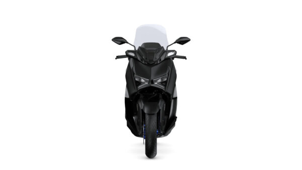 A sleek black scooter with angular design, featuring prominent headlights and a transparent windscreen, viewed from the front.