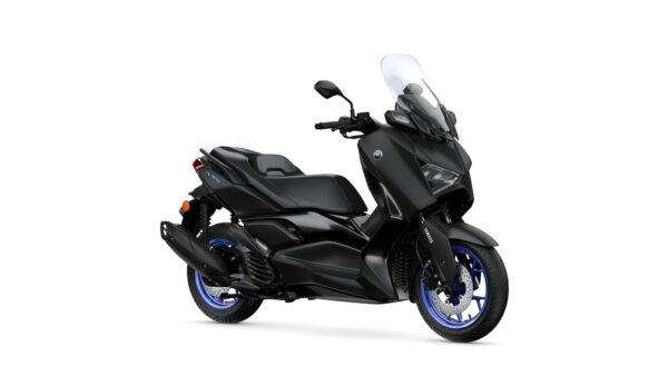 Yamaha 2025 XMAX 125 A black Yamaha XMAX scooter with blue accents and a windshield, positioned at a slight angle against a white background.