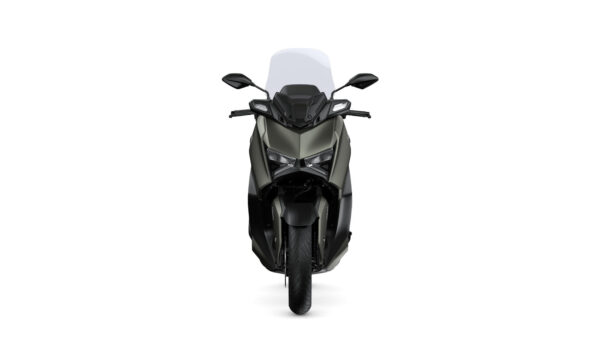Front view of a sleek, modern scooter in an olive green and black color scheme, featuring a large windscreen and LED headlights.