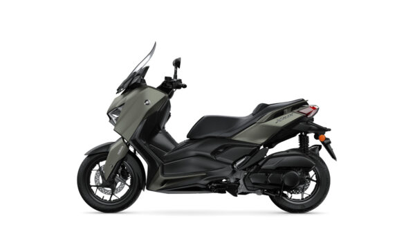A sleek, modern scooter in a matte olive green and black color scheme, featuring a windscreen, dual headlights, and a sporty design, displayed from the side.
