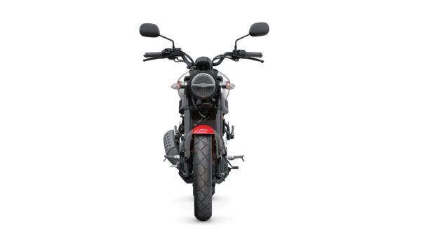 A front view of a modern motorcycle featuring a circular headlight, handlebars with rearview mirrors, and a prominent rear tire, set against a white background.