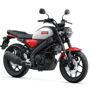 Yamaha 2025 XSR 125 A red and gray Yamaha motorcycle with a sleek design, featuring a round headlight, black seat, and modern minimalist styling, positioned against a white background.