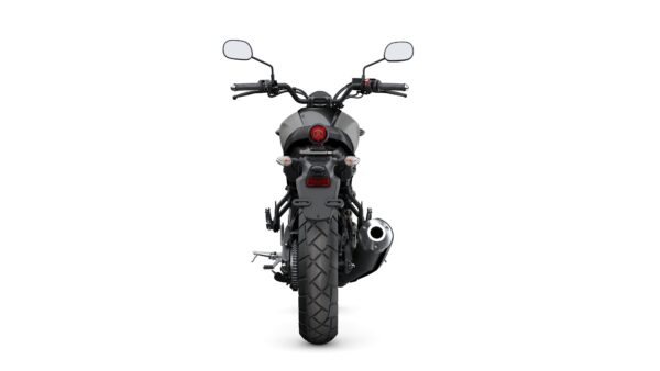A rear view of a modern motorcycle with a matte black finish, featuring distinctive mirrors, a sleek tail light, and a prominent rear tire showcasing the tread pattern.