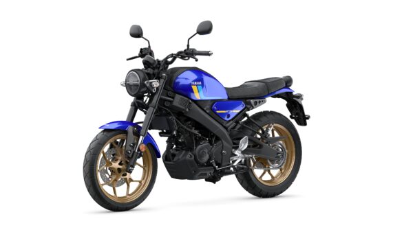A blue Yamaha motorcycle with gold wheels, featuring a sleek design, black seat, and modern styling elements, positioned at a slight angle.
