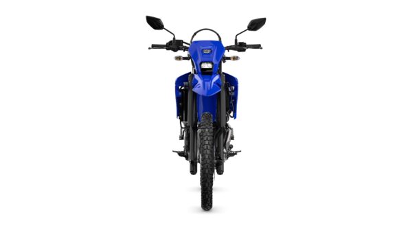 Front view of a blue off-road motorcycle with rugged tires, black mirrors, and a sleek design.