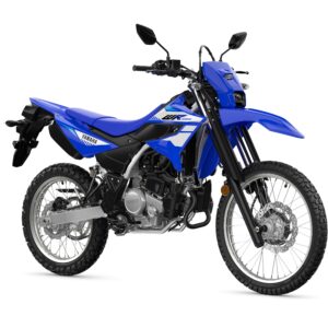 Yamaha WR125R A blue Yamaha dirt bike with a modern design, featuring aggressive styling, dual sport tires, and a high front fender, positioned on a white background.