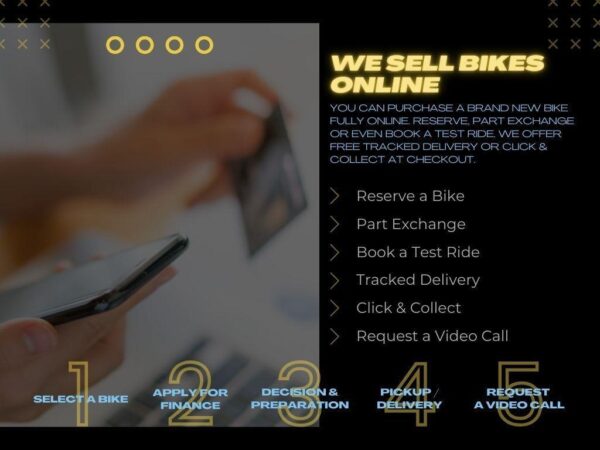 A close-up image of a person holding a smartphone, with text on the screen outlining online bike sales options, including reserving a bike, part exchange, booking a test ride, and various purchasing processes. The background features a modern design with yellow and black elements.