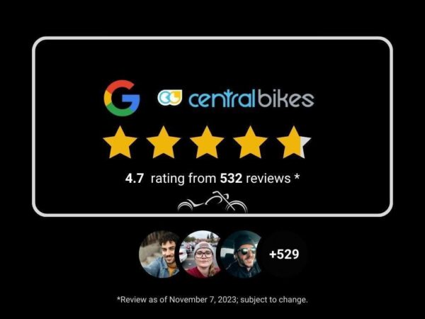 Graphic displaying a 4.7-star rating from 532 reviews for "centralbikes," alongside the Google logo. Three user profile pictures are shown at the bottom with a total of +529 additional users. A note indicates the review date as November 7, 2023, and highlights that details are subject to change.