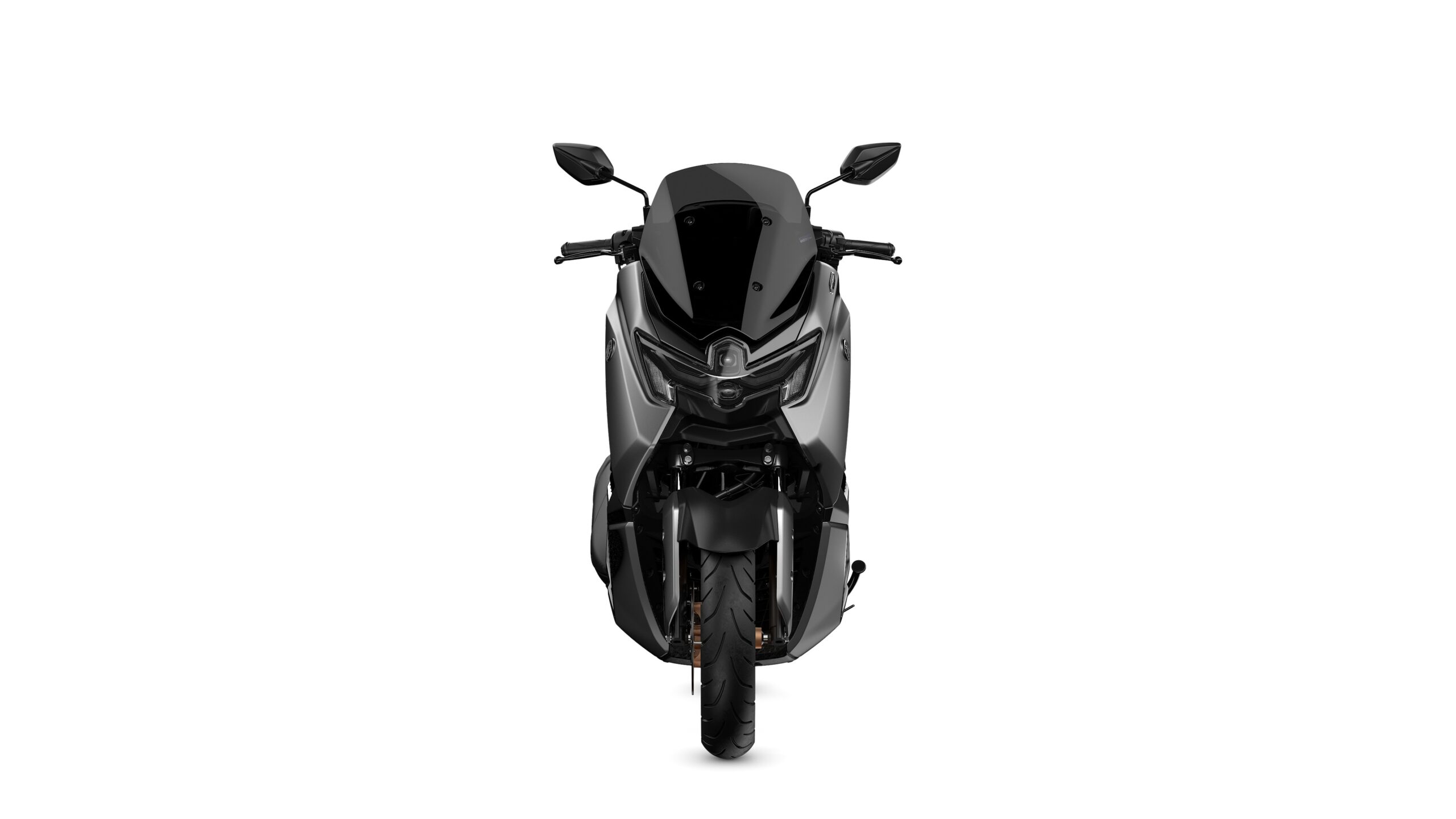 Yamaha 2026 NMAX 155 TECH MAX Crystal Graphite Front A sleek, modern motorcycle viewed from the front, featuring a black and silver color scheme, stylish headlights, and a prominent front wheel.