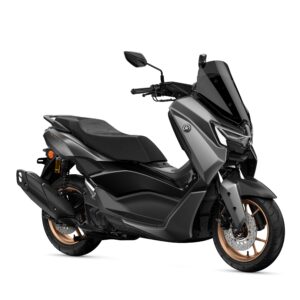 Yamaha 2026 NMAX 155 TECH MAX A sleek, modern scooter with a matte black finish and copper accents, featuring a tall windshield, a comfortable seat, and an advanced styling design.