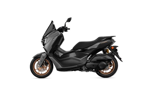 A sleek, modern black scooter with bronze wheels and a curved body, showcasing a streamlined design and a large windshield.