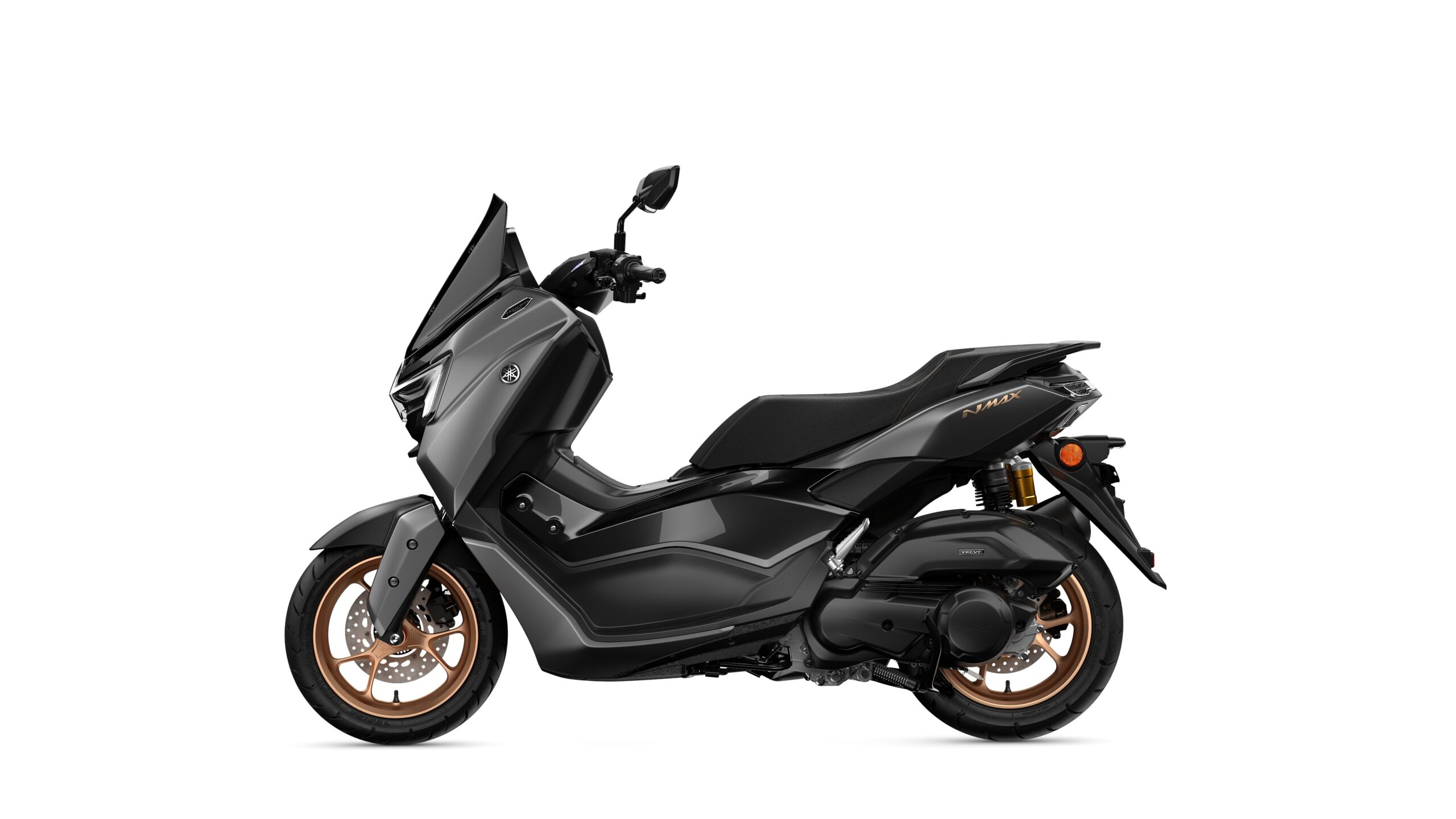 Yamaha 2026 NMAX 155 TECH MAX Crystal Graphite Left A sleek, modern black scooter with bronze wheels and a curved body, showcasing a streamlined design and a large windshield.