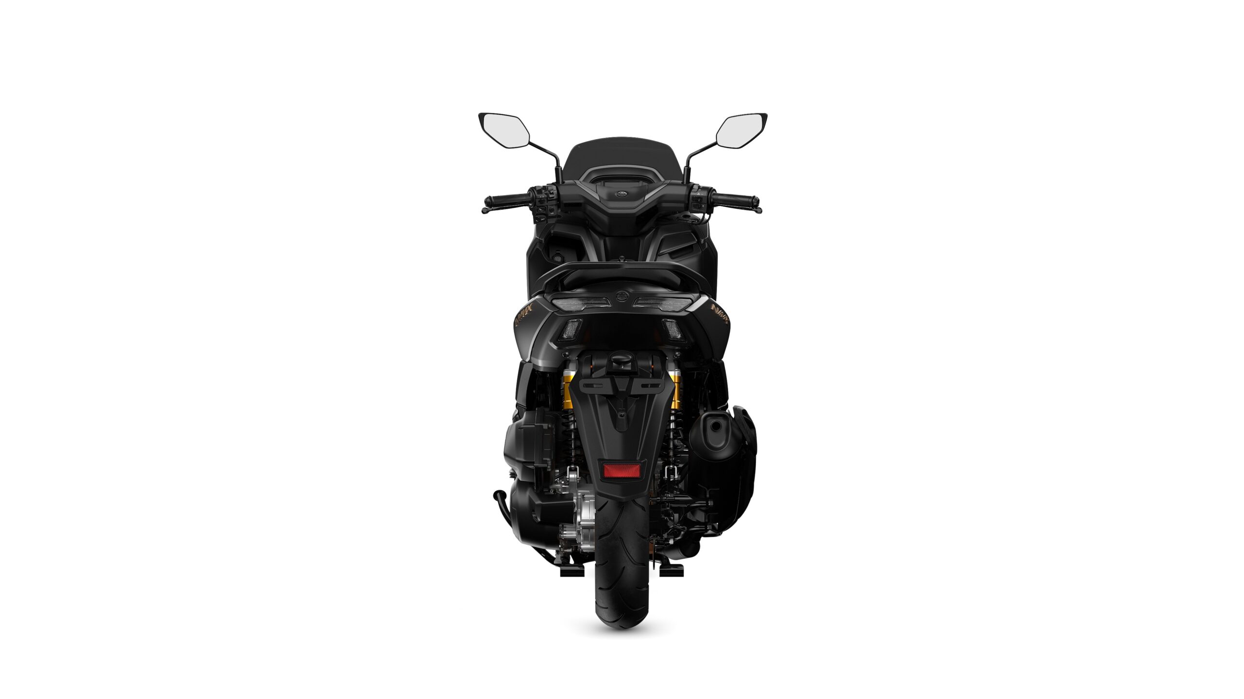 Yamaha 2026 NMAX 155 TECH MAX Crystal Graphite Rear A sleek black motorcycle viewed from the rear, showcasing its detailed components, including the rear wheel, exhaust, and handlebars, against a plain white background.