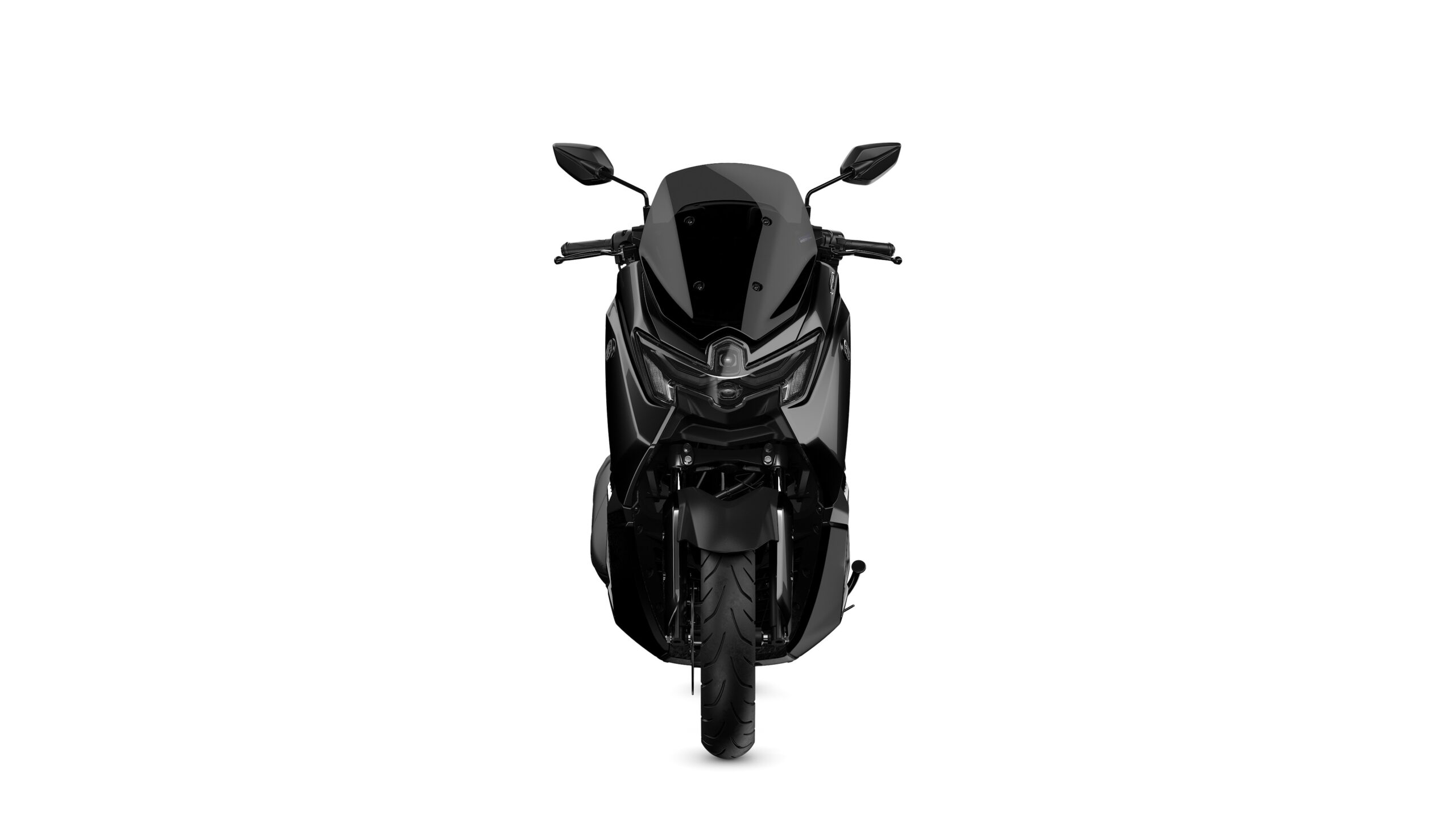 Yamaha 2026 NMAX 155 TECH MAX Midnight Black Front A sleek black motorcycle viewed from the front, showcasing its aerodynamic design, headlight, and handlebars against a white background.