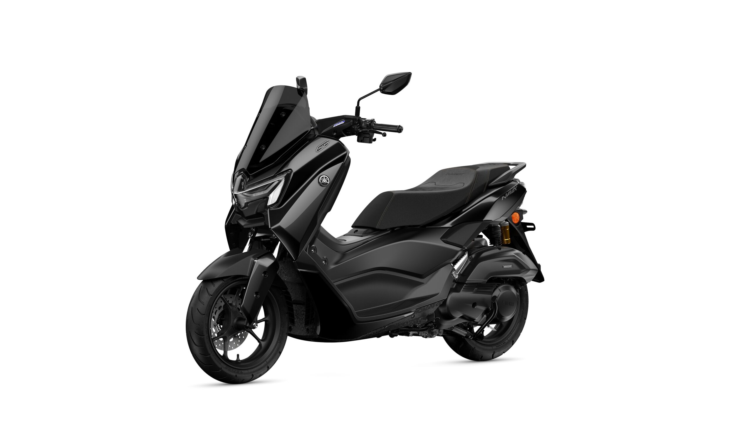 Yamaha 2026 NMAX 155 TECH MAX Midnight Black Lateral Left A sleek, black scooter is shown from the side, featuring modern design elements, a comfortable seat, and sporty wheels.