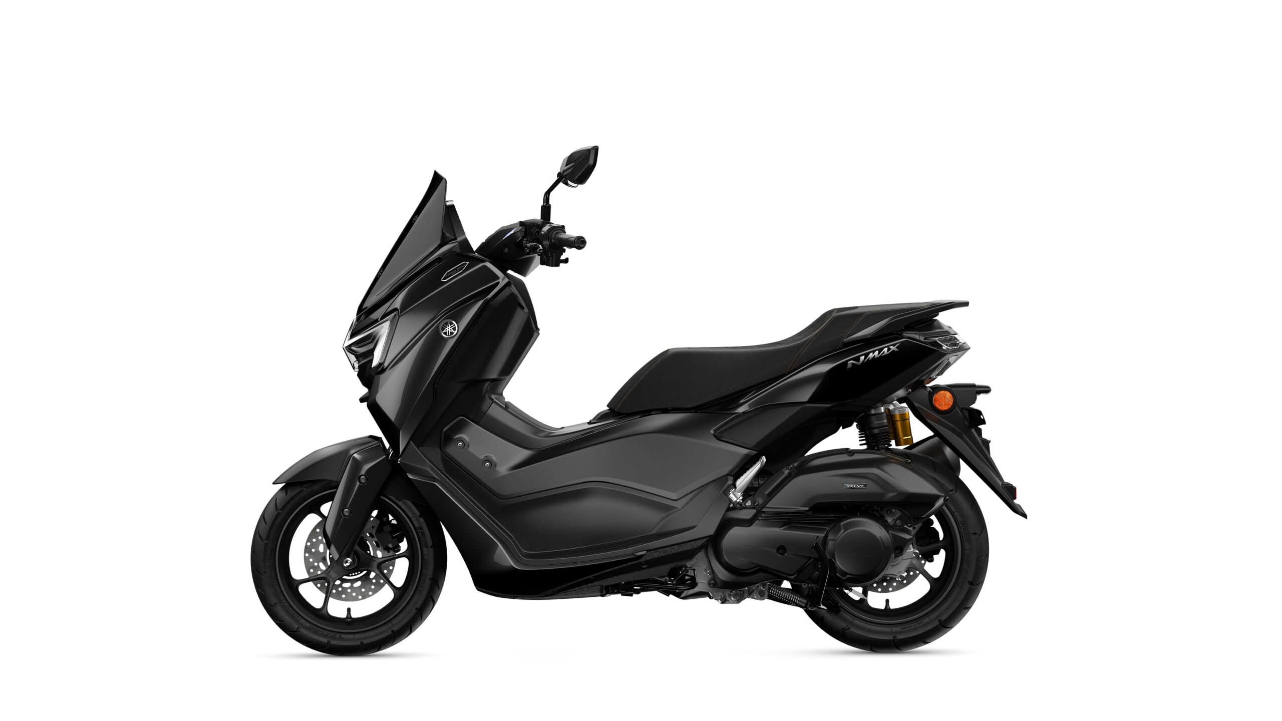 Yamaha 2026 NMAX 155 TECH MAX Midnight Black Left A sleek black scooter parked on a white background, showcasing its modern design and smooth lines.