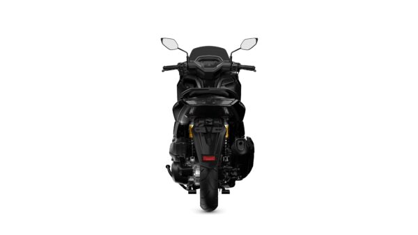 A sleek black motorcycle viewed head-on, featuring distinct handlebars, mirrors, and a streamlined body design.