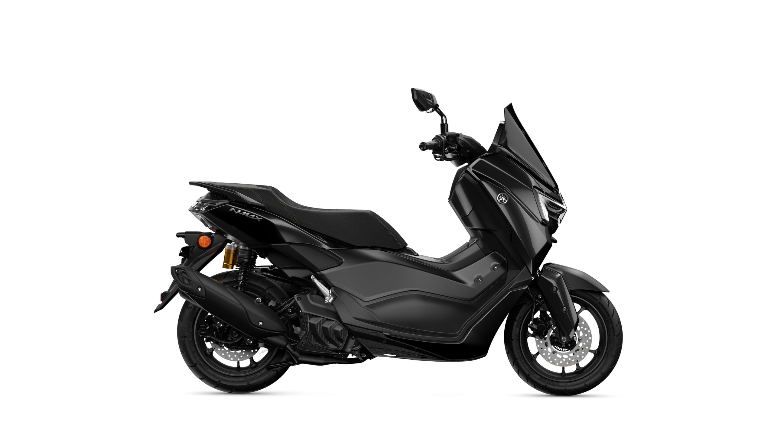 Yamaha 2026 NMAX 155 TECH MAX Midnight Black Right A sleek black scooter with a modern design, featuring a large windscreen, comfortable seat, and prominent wheels, positioned against a white background.