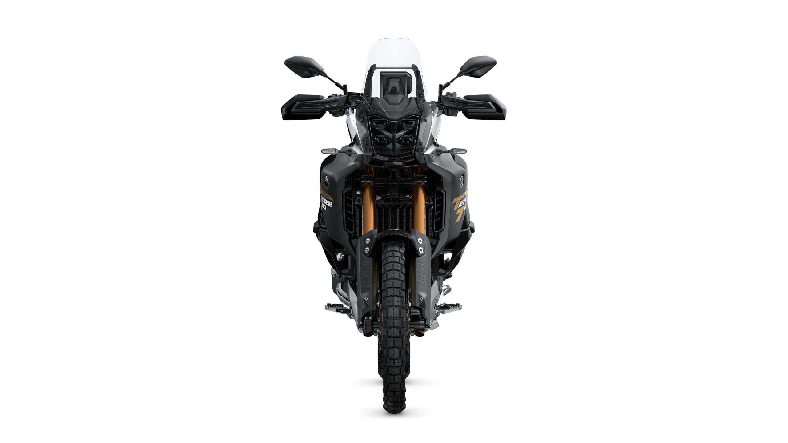 Yamaha 2026 Tenere 700 World Raid Midnight Black Front Front view of a black adventure motorcycle with prominent headlights, a tall windscreen, and rugged tires, set against a plain white background.
