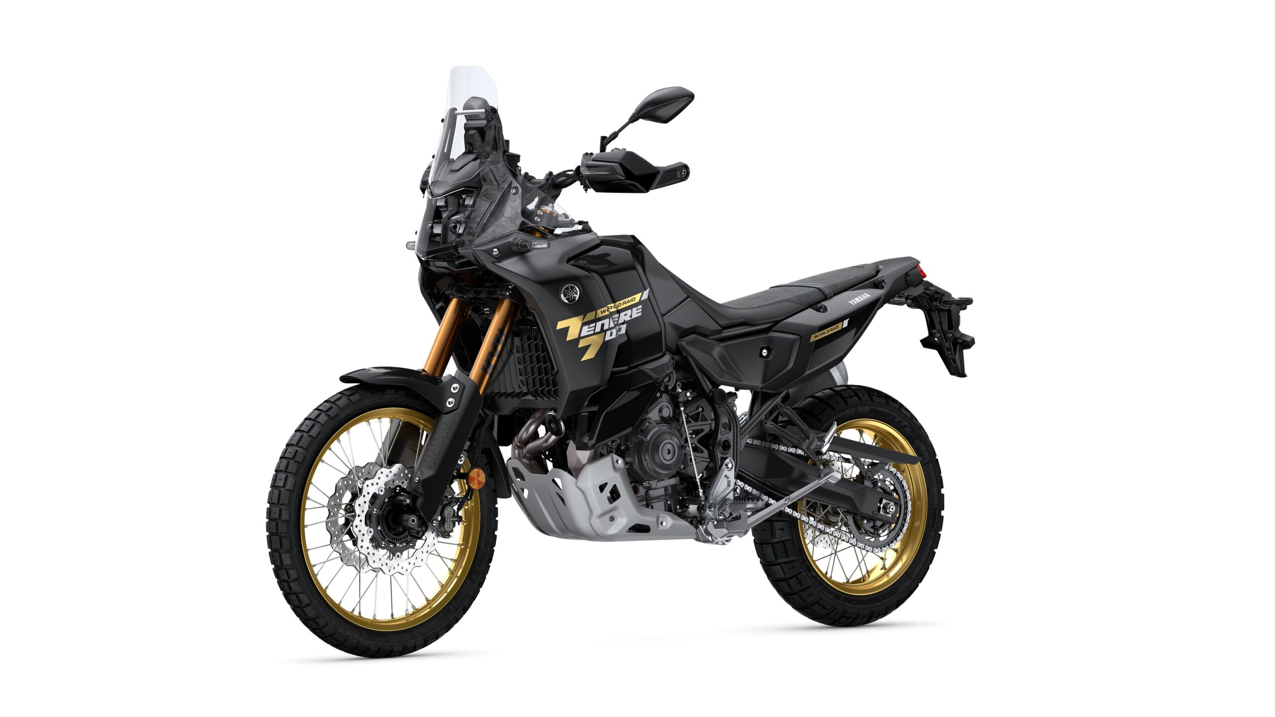 Yamaha 2026 Tenere 700 World Raid Midnight Black Lateral Left A black Yamaha Tenere 700 adventure motorcycle with gold accents, featuring a rugged design, an upright riding position, and off-road tires, positioned on a white background.