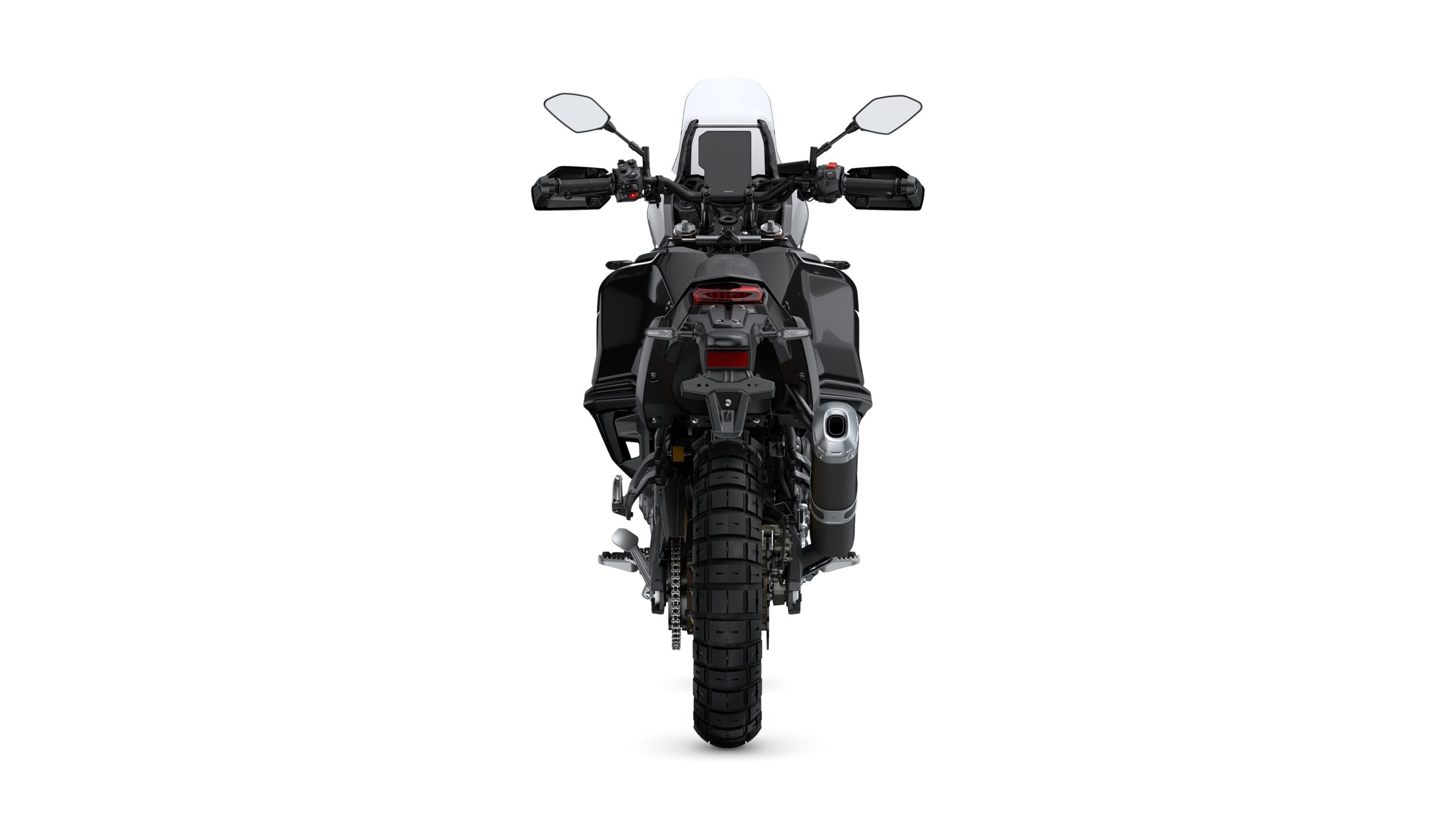 Yamaha 2026 Tenere 700 World Raid Midnight Black Lateral Rear A rear view of a black adventure motorcycle displaying its large rear tire, sleek bodywork, and mounted mirrors, set against a plain white background.