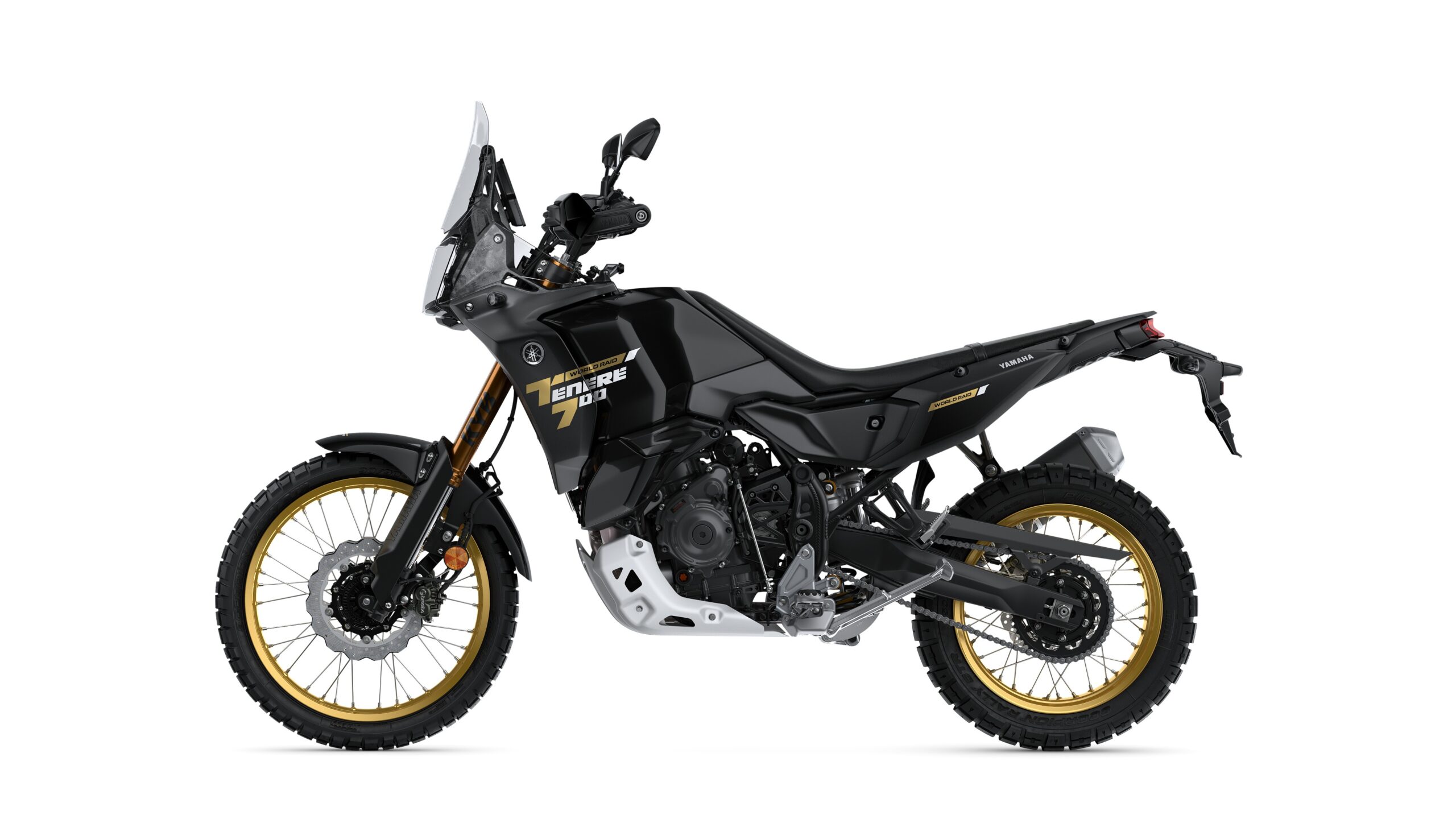 Yamaha 2026 Tenere 700 World Raid Midnight Black Left A black Yamaha Tenere 700 motorcycle with gold-accented wheels and rugged tires, shown from the side on a white background.
