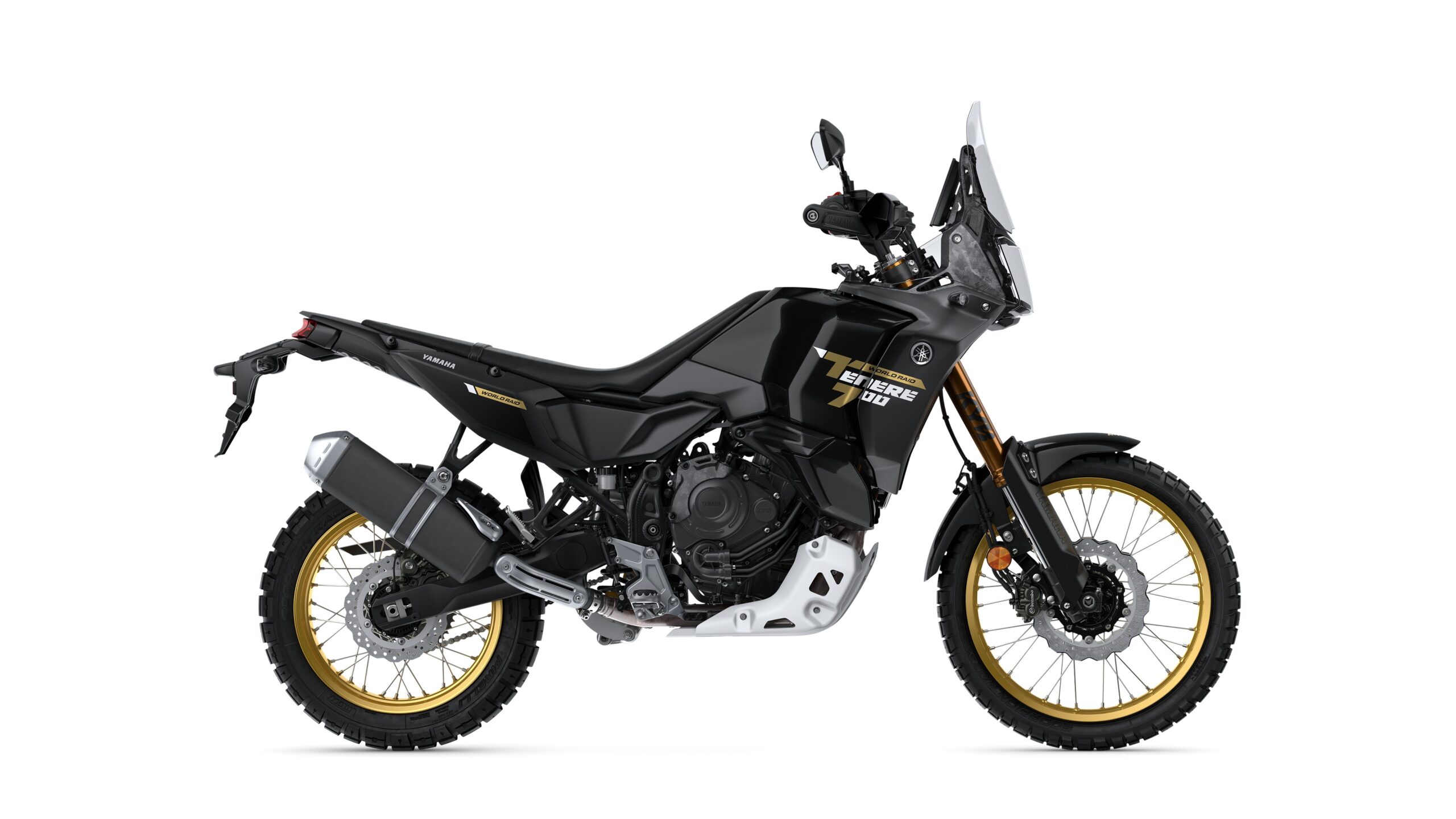 Yamaha 2026 Tenere 700 World Raid Midnight Black Right A black Yamaha Ténéré 700 motorcycle is displayed side-on, featuring gold accents on the wheels, a prominent windscreen, and rugged tires suitable for off-road adventures.