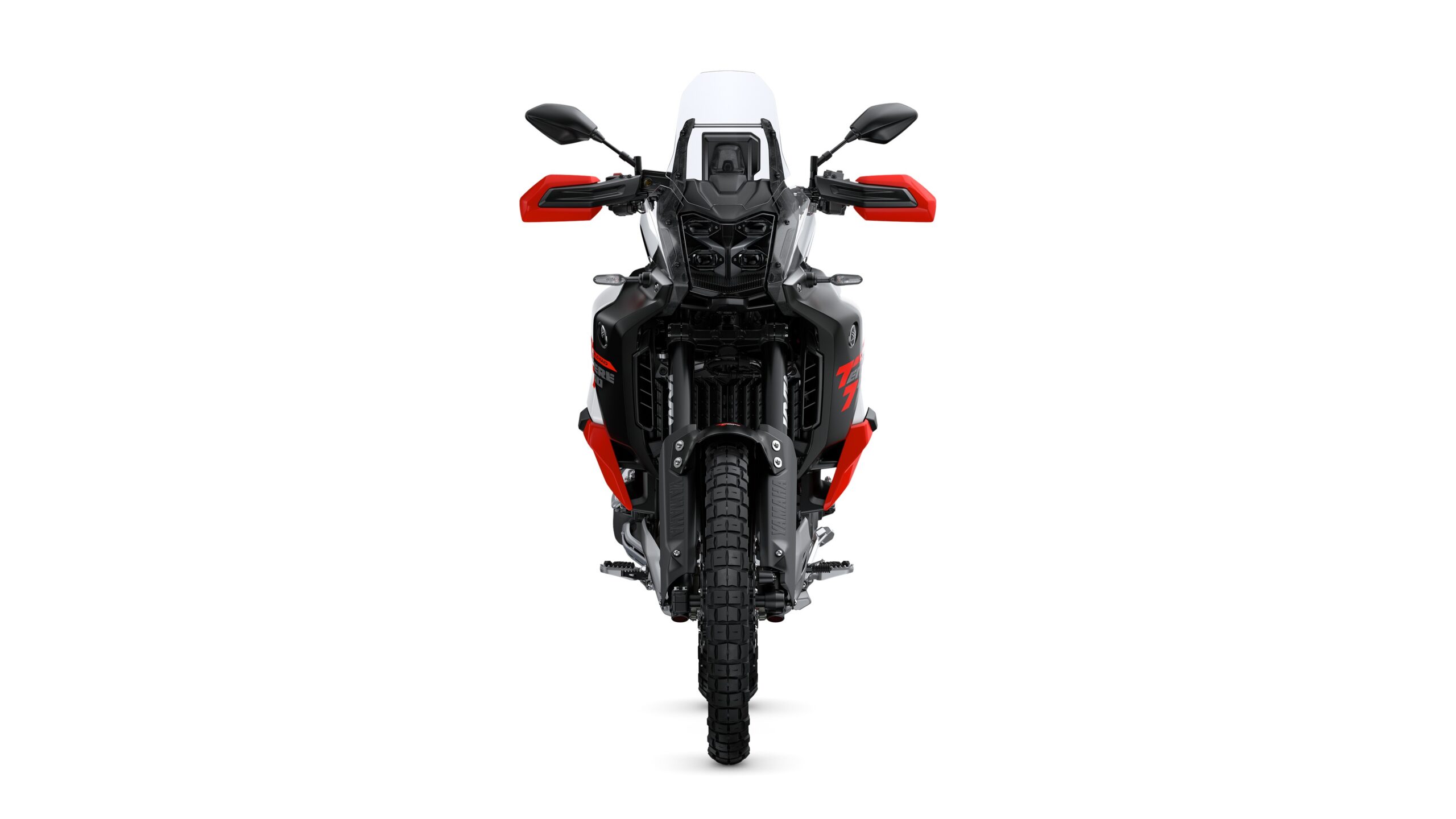 Yamaha 2026 Tenere 700 World Raid Redline Front Front view of a sleek, modern motorcycle featuring a black and red color scheme, robust tires, and a transparent windscreen, positioned against a white background.
