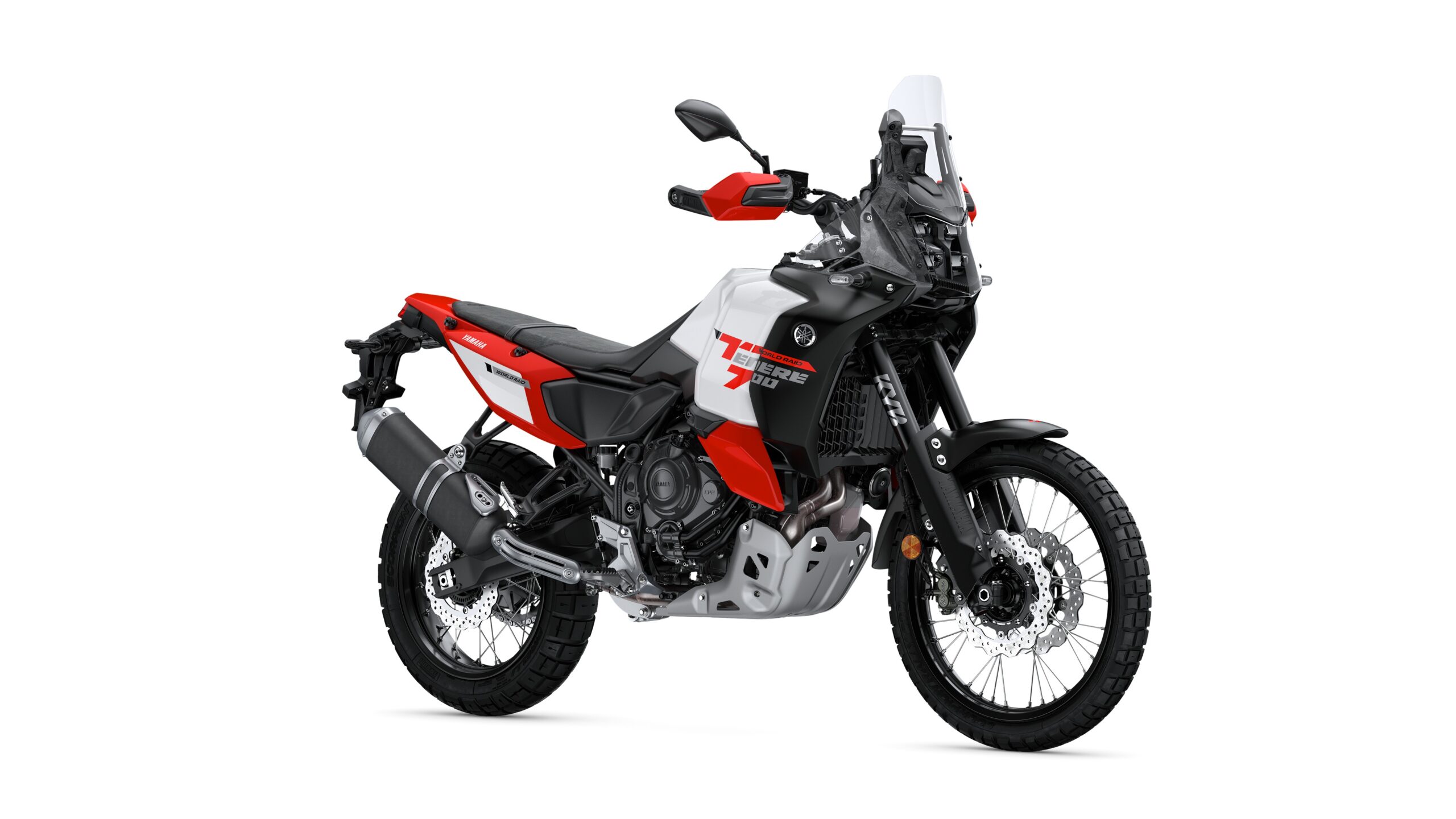 Yamaha 2026 Tenere 700 World Raid Redline Lateral Right Yamaha 2026 Ténéré 700 World Raid A Yamaha Ténéré 700 motorcycle with a black, red, and white color scheme, featuring an upright seating position, off-road tires, and a dual-sport design.