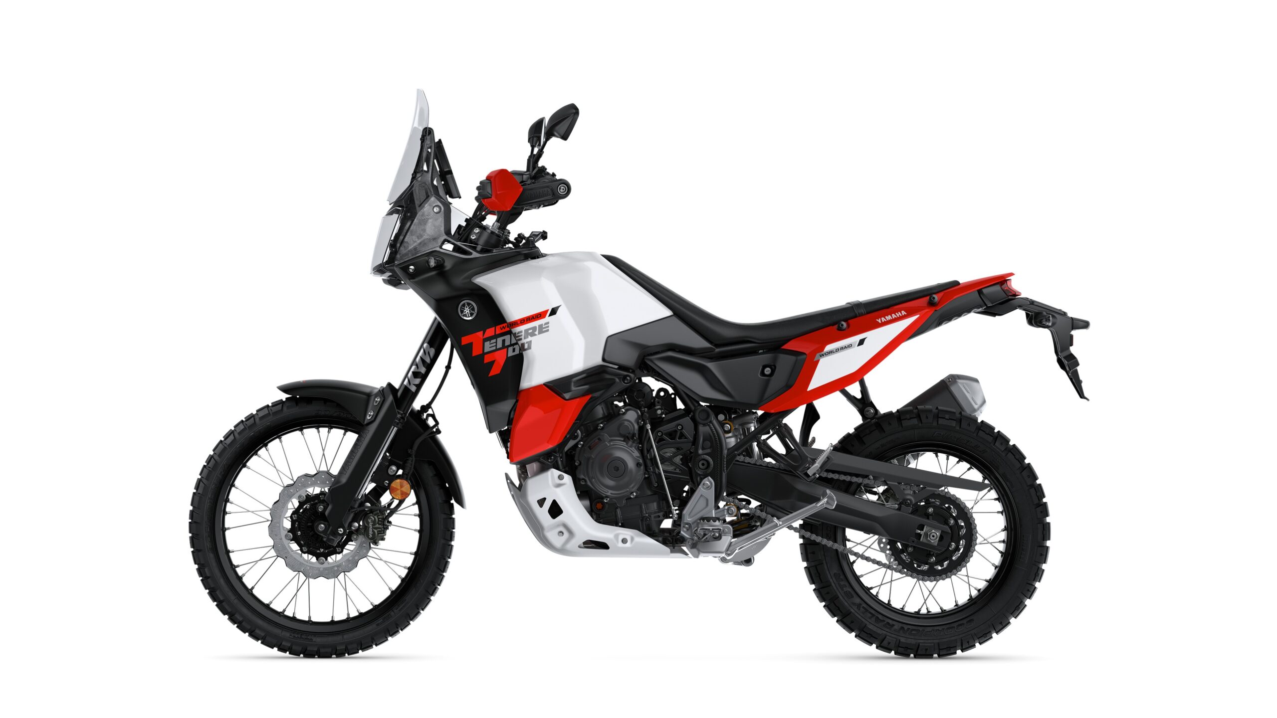 Yamaha 2026 Tenere 700 World Raid Redline Left A side view of a Yamaha Tenere 700 motorcycle, showcasing its rugged design, black and red color scheme, and off-road tires.