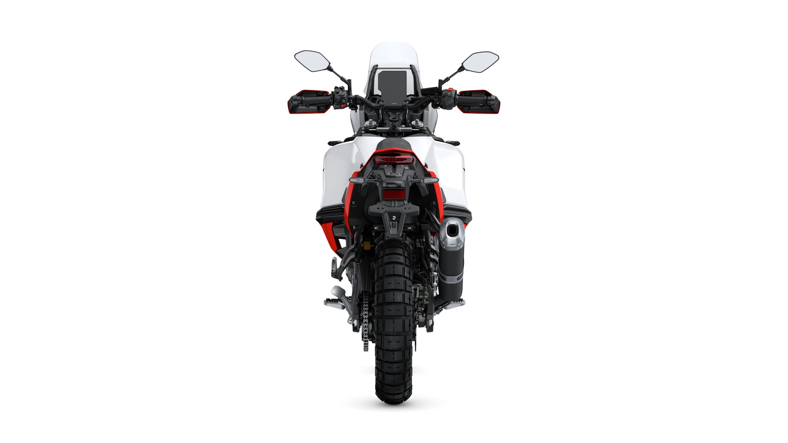 Yamaha 2026 Tenere 700 World Raid Redline Rear A rear view of a modern motorcycle with a predominantly white body, featuring red accents on the side panels and tail, designed for off-road use, showcasing rugged tires and dual exhaust.
