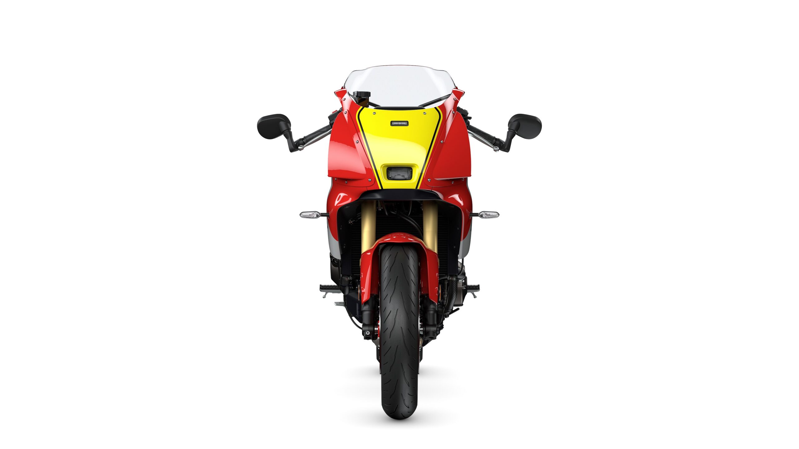 Yamaha 2026 XSR900 GP Legend Red - Front Front view of a red motorcycle with a yellow accent, featuring a sleek design, a windscreen, and black mirrors. The motorcycle has a prominent front tire and visible lighting elements.