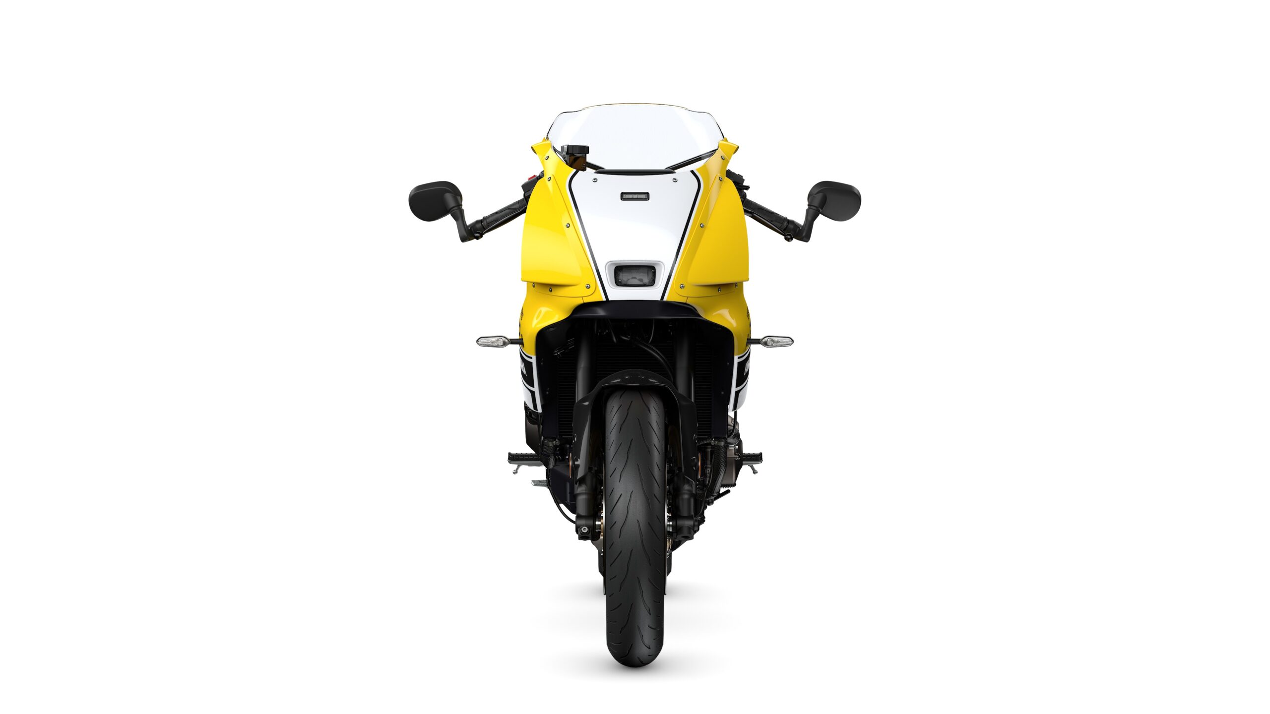 Yamaha 2026 XSR900 GP Legend Yellow - Front Front view of a sleek yellow motorcycle with black accents, featuring a distinctive fairing and dual mirrors.