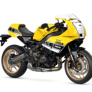 Yamaha 2026 XSR900 GP A yellow Yamaha motorcycle with a sporty design, featuring black and white accents, gold wheels, and a distinctive front fairing.