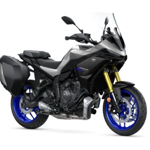 Yamaha 2026 Tracer 7 GT A sleek black and silver motorcycle with blue wheels, equipped with a windshield and side luggage, positioned on a white background.