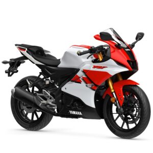 Yamaha 2026 R125 Anniversary Edition A sleek white and red Yamaha motorcycle with a aerodynamic design, showcasing prominent branding and stylish features against a plain white background.