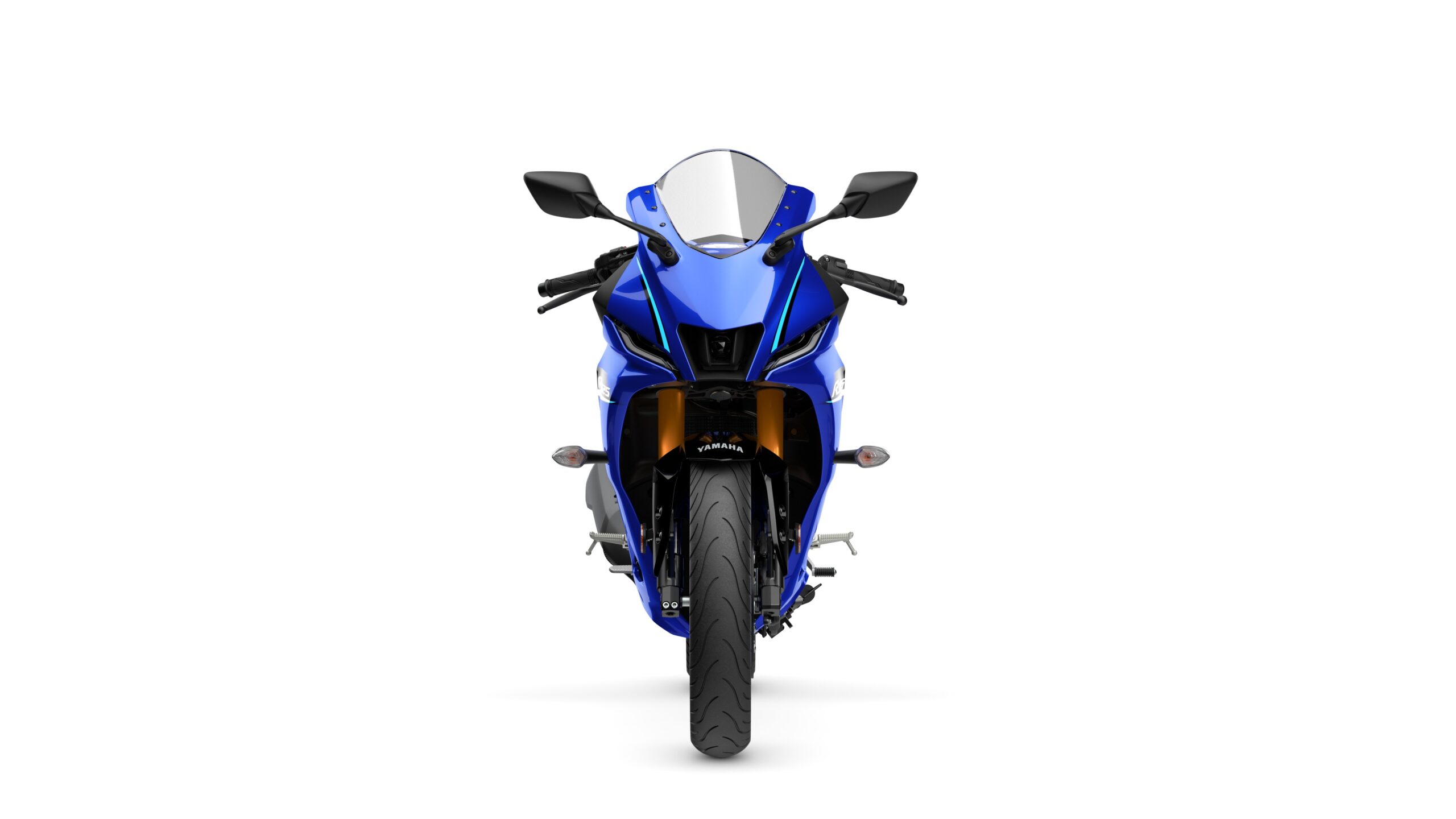 2026 Yamaha R125 Icon Blue Front Front view of a blue sport motorcycle featuring a sleek design, racing fairings, and dual headlights.