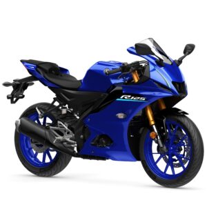 Yamaha 2026 R125 A blue sport motorcycle with a sleek design, featuring a fairing, a windscreen, and alloy wheels, positioned on a white background.