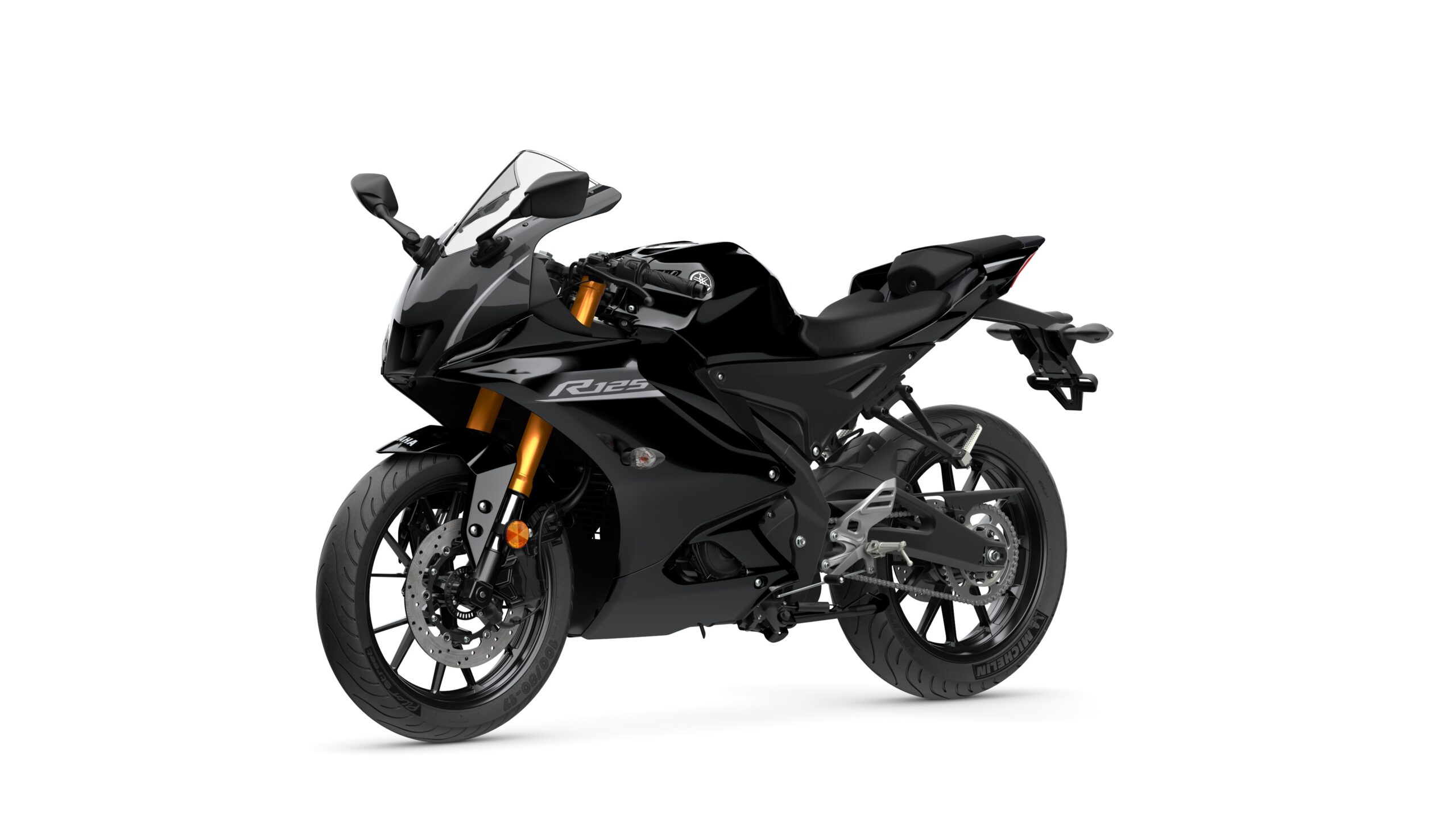 2026 Yamaha R125 Tech Black Lateral Left A sleek black sport motorcycle with a modern design, featuring gold front forks, a streamlined body, and a single seat.