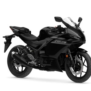 Yamaha 2026 R3 A sleek black Yamaha R3 motorcycle positioned at a slight angle, showcasing its aerodynamic body, sport seat, and dual headlights against a plain white background.