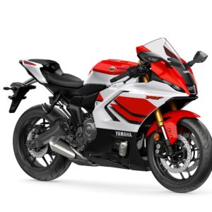 Yamaha 2026 R7 A sleek red, white, and black Yamaha YZF motorcycle is displayed, featuring a sporty design, aerodynamic fairings, and prominent branding on the side.