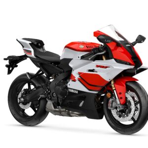 Yamaha 2026 R9 A sleek Yamaha sports motorcycle with a bold red, white, and black design, featuring a sleek fairing, distinctive graphics, and an aerodynamic shape, positioned at a slight angle to highlight its features.
