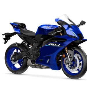 Yamaha 2026 R9 A blue sport motorcycle with aerodynamic design and sleek features, showcasing prominent branding and sporty wheels.